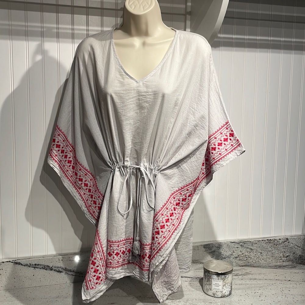 DG2 grey and white pinstripe kimono with red embroidery detail drawstring waist